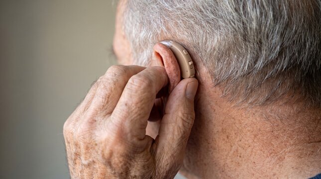 Close Up of Senior Man Wearing a Modern Digital Hearing Aid Device