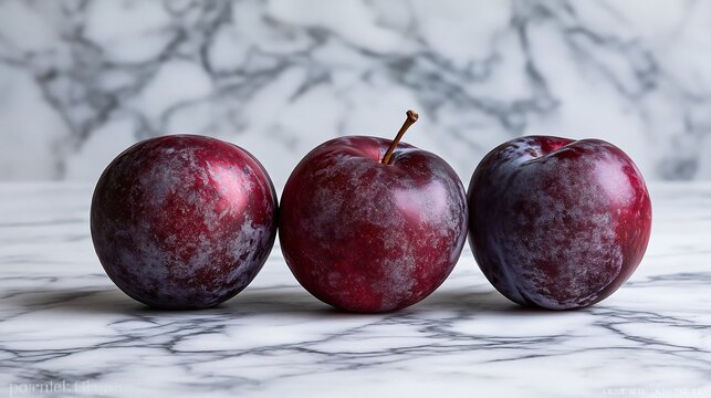 Three fresh purple plums isolated on transparent background. Ideal for healthy food advertising and culinary design projects.