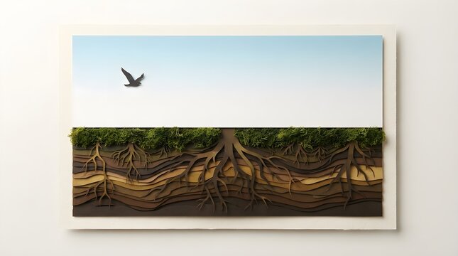 Layered papercut artwork showing a cross section of earth with detailed tree roots, rich soil layers below, moss, and a flying bird under a clean blue sky.