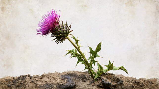 Bright purple thistle flower growing from dry soil against weathered cream background, creating resilient natural botanical scene