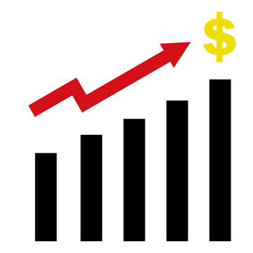 Vector illustration of a growing bar chart with an upward arrow and dollar sign, representing financial growth, increasing revenue, profit, investment, and business success.