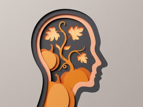 Human head profile with pumpkin vine growing inside symbolizing thoughts and growth