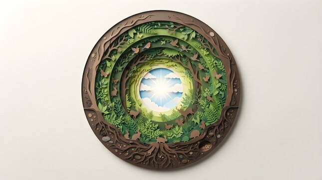 Circular layered papercut artwork featuring a tunnel view of a thriving forest ecosystem, wildlife, and roots beneath a bright sunny sky.