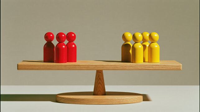 Workforce balance concept with red and yellow group on wooden scale