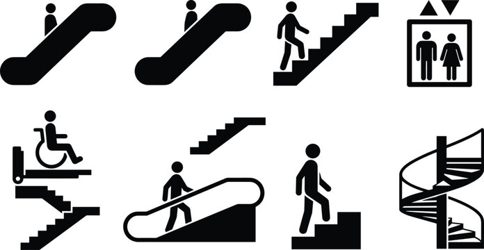 Vector collection of elevator escalator and stairs icons featuring public navigation accessibility signs for building wayfinding design.