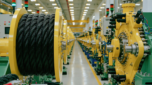 Industrial cable manufacturing line with large black cable spool, yellow machinery, and illuminated factory aisle