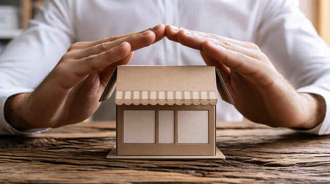 Small business protection concept featuring miniature storefront beneath person sheltering hands, conveying care, security, and support