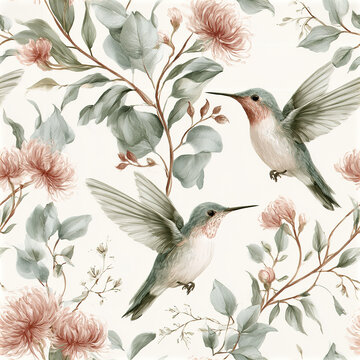Romantic watercolor seamless pattern with tiny hummingbird and soft pink flowers creating delicate and peaceful nature scene