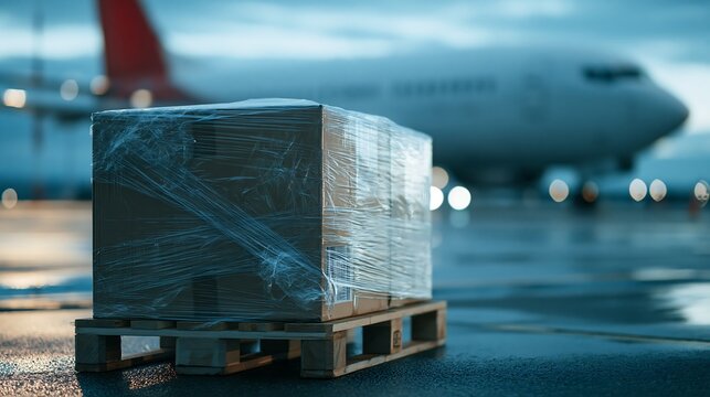 Cardboard box on wooden pallet isolated on transparent background. Essential cargo logistics concept for global air freight transportation services.
