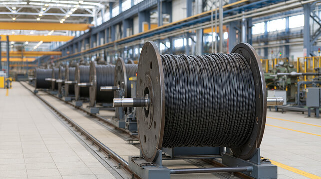 Industrial cable factory with large steel spool and black wire on production line