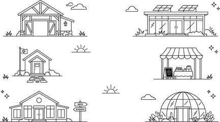 Obraz premium Rural Eco Farm Building Greenhouse Market Stall And Info Center Outline Vector Set
