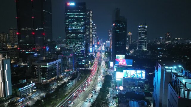 Aerial view of city skyline of Jakarta downtown, Indoensia in the night
