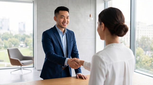 Smiling Asian businessman shaking hands with a female colleague in a bright modern office