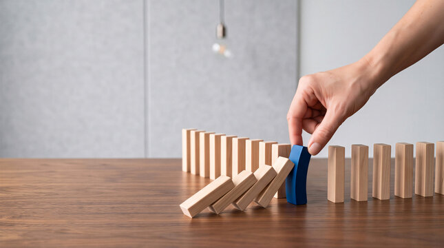 Businessman stopping falling dominoes with a curved blue block on a wooden table
