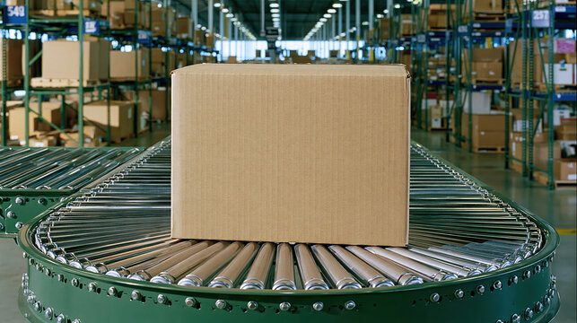Cardboard box on conveyor belt in warehouse automation concept with industrial shelving, logistics equipment, and efficient distribution workflow
