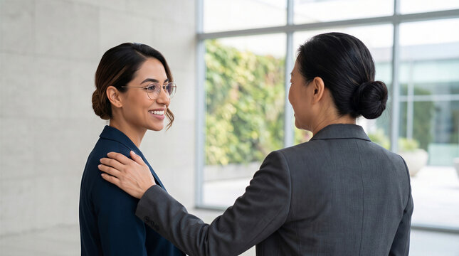 Smiling businesswoman receiving a supportive touch on the shoulder from a female colleague in a modern office