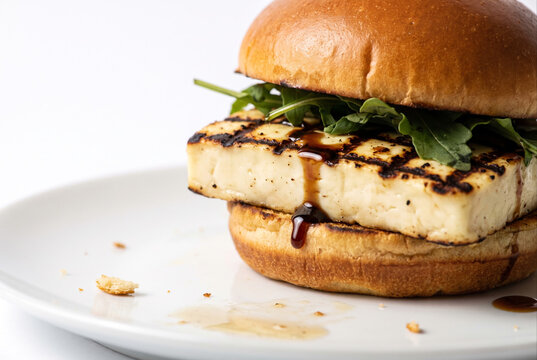 Grilled cheese burger with molasses drizzle and arugula