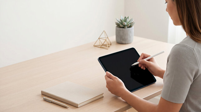 Woman working on a digital tablet using a pen at a minimalist wooden desk