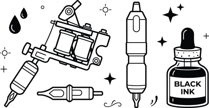Professional Tattoo Machine Pen Equipment And Black Ink Bottle Vector Outline Icon Set