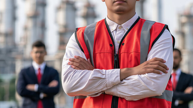 Industrial workforce concept featuring confident frontline worker in safety vest, with colleagues and urban building blurred behind