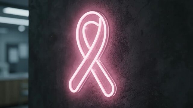 Pink Breast Cancer Awareness Ribbon Glow Symbol on Dark Textured Wall, Compassionate Health Advocacy Message with Neon Lighting