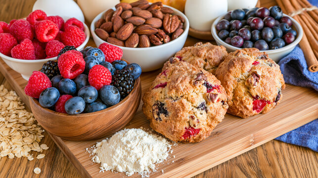 Baking offers creative flavor experiment with berry scone, almond, blueberry, raspberry, flour, egg, and oat ingredient on wooden board