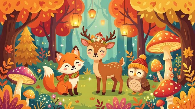 Cute cartoon forest animals featuring deer fox and owl in autumn woodland with glowing lanterns and magical mushrooms.