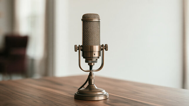 Vintage microphone on wooden table in elegant minimalist studio with soft window light and calm atmosphere