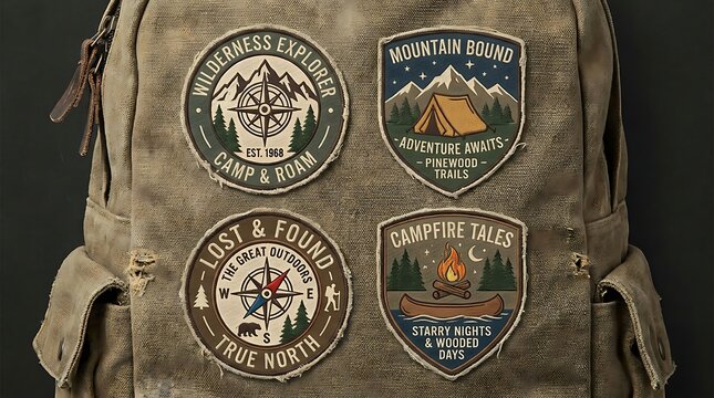 Vintage outdoor adventure patches on weathered canvas backpack for travel and camping themes.