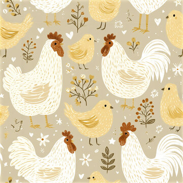 Scandinavian folk chicken seamless pattern with stylized hens, roosters, chicks, and floral elements in warm beige tones