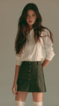 Korean woman with long wavy dark hair wearing white shirt and green skirt
