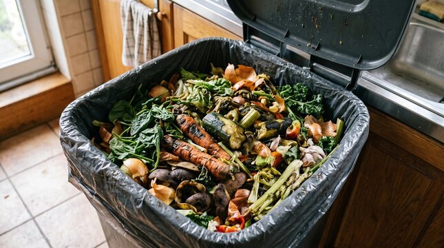Discarded vegetables and organic food scraps collected inside a kitchen waste bin, illustrating household food waste and vegetable disposal.