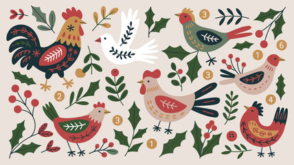 Obraz premium Folk art style christmas birds and holly leaves pattern, festive scandinavian winter illustration with decorative roosters and birds on a beige background