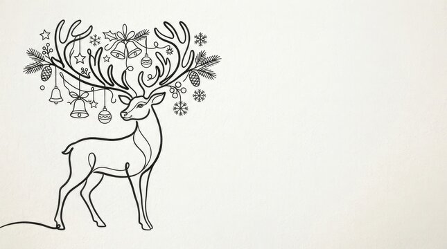Whimsical Holiday Deer with Antlers Decorated by Festive Ornaments and Christmas Elements Line Art Illustration with Copy Space