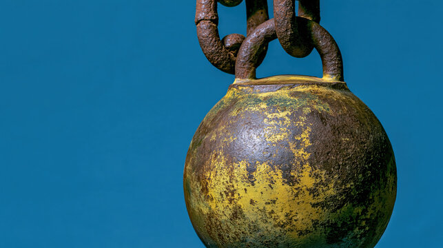 Tarnished wrecking ball hanging against solid blue backdrop with rough metal texture and heavy industrial character