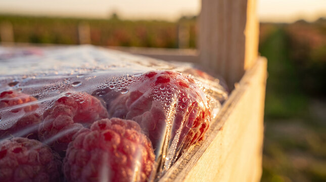 Fresh raspberries in clamshell with dew covered plastic wrap