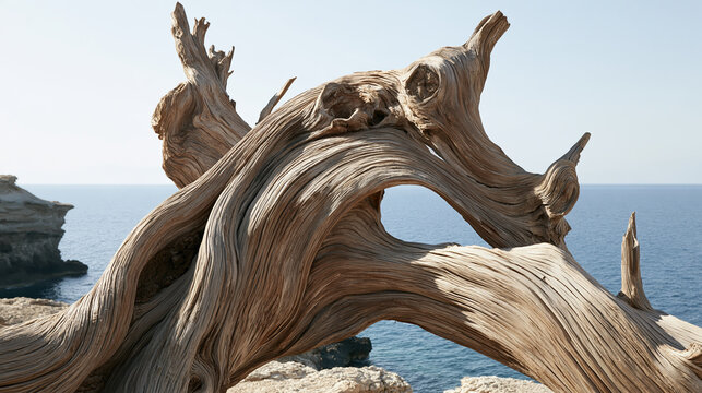 Gnarled cypress tree trunk above rugged sea cliff with weathered wood texture and calm blue ocean, creating sculptural coastal landscape