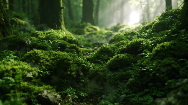 Mossy Forest Floor with Mist Rising Cinematic Nature Scene for Wellness and Mindfulness Backgrounds
