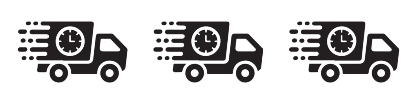 Fast delivery truck with clock symbol icons representing timely logistics and express shipping.