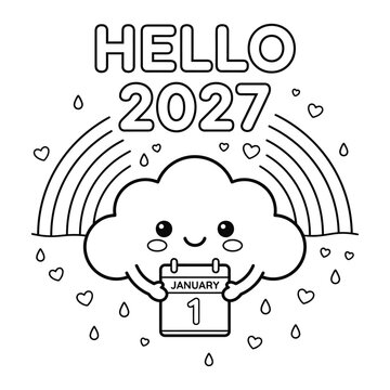 Hello 2027 cute smiling rainbow cloud holding january calendar desk planner doodle illustration