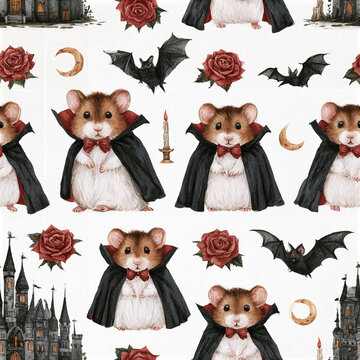 Cute hamster vampire pattern with bat, rose, candle, moon, and haunted castle, charming Halloween design with warm colors