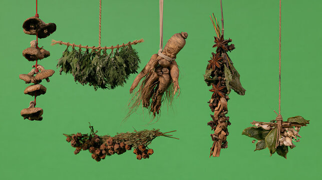 Photorealistic still life featuring six hanging dried herbal bundles with rustic texture against green background