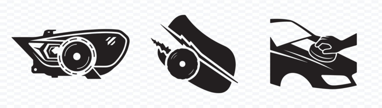 Black silhouette icons showing car headlight repair, polishing, and detailing maintenance services isolated on a clean white background