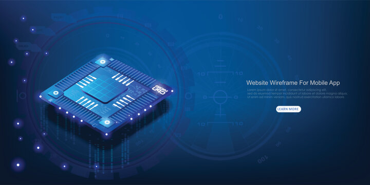 Futuristic 3D isometric microchip processor CPU vector illustration with circular HUD interface glowing lights and digital technology banner concept isolated on dark blue background.