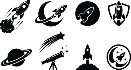 Space rocket launch silhouette icon set featuring spaceship moon telescope planet saturn shooting star and cosmic emblem logos vector © Sojol