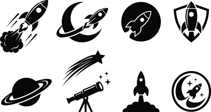 Space rocket launch silhouette icon set featuring spaceship moon telescope planet saturn shooting star and cosmic emblem logos vector