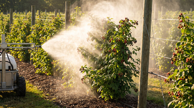 Tractor sprayer misting berry bushes in orchard rows