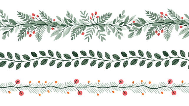Set of three decorative floral borders with green leaves and red berries