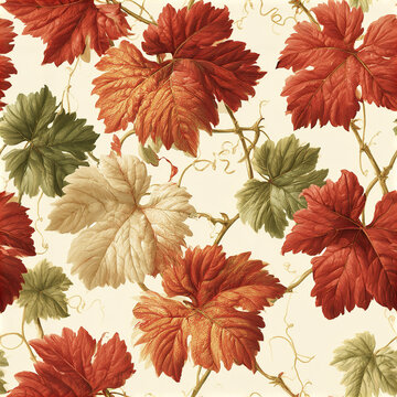 Autumn seamless pattern with red, bronze, green grapevine leaves and curling vine tendrils on light background