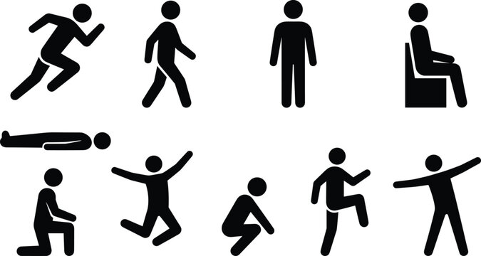 Stick figure human action pose icon set with running walking sitting jumping and standing pictograms vector